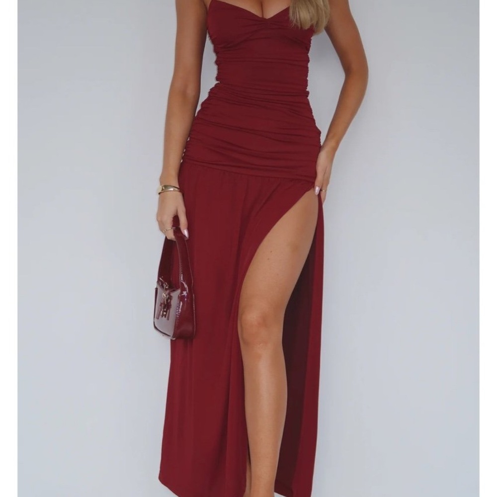 White Fox Boutique Strapless Burgundy Dress